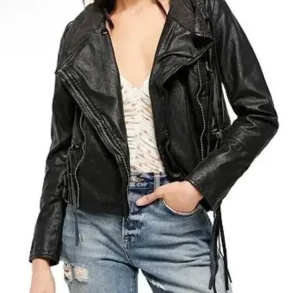 Free People Cleo Leather Moto Black Hooded Jacket Soft Grunge Hot Girl Elevated - Picture 2 of 14